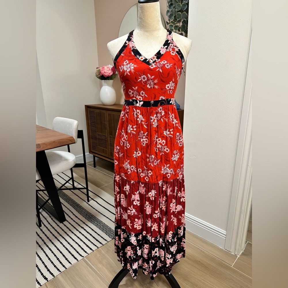 Loft 0P Red Floral Maxi Dress